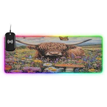 Imagem de CEBUGI Highland Cow Mouse Pad de carregamento sem fio 15 W rápido para jogos com 14 iluminação LED RGB para jogos, MacBook, PC, laptop, mesa | 80 x 30 cm