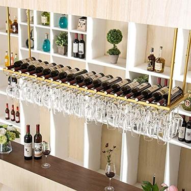 Imagem de APUM Rack de vinho, altura ajustável, suporte de garrafa de vinho de ferro suspenso montado no teto, suporte de vinho, taças de taças, decoração de casa de bar, ouro (120 cm)