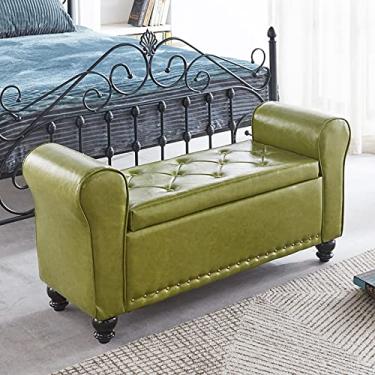 Imagem de FAMEOYA Banco otomano de armazenamento armado de couro PU, banco de armazenamento de braço enrolado, moderno banco de cama tufado, banco de entrada de sapatos, banco de sofá de madeira verde claro 100