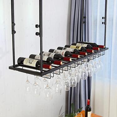 Imagem de APUM Prateleiras de vinho pretas de teto industrial, altura ajustável, taças de metal, suporte de garrafa de vinho, prateleira de taça de vinho de ferro, para bares, restaurantes