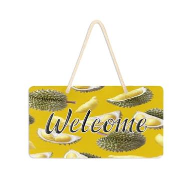 Imagem de Burbuja Placa de boas-vindas Durian Fruits para porta da frente, placa de boas-vindas de PVC para pendurar na parede, decoração de férias, 15 x 28 cm