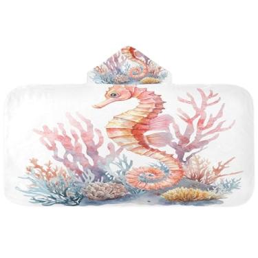 Imagem de Burbuja Toalha de banho com capuz em aquarela coral recifes marinhos para crianças, toalha de praia de pelúcia macia absorvente para chá de meninas e meninos 3-10 anos, 61 x 127 cm
