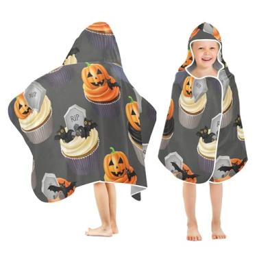 Imagem de Burbuja Toalha de banho com capuz com cupcakes com tema de Halloween para crianças, toalha de praia de pelúcia macia absorvente para meninas e meninos 3-10 anos, 61 x 127 cm