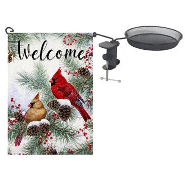 Imagem de Alimentador de pássaros com bandeira cardeal para varanda/deck/varanda bandeja de sementes de pássaros de 20 cm e bandeira de jardim para montagem de corrimão alimentador de malha de metal para