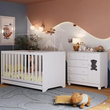 Imagem de Berço Americano 3 Em 1 Com Cômoda 1 Porta 4 Gavetas Fofura Multimóveis MP4724 Branco