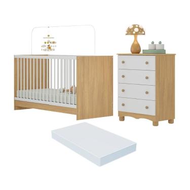 Imagem de Berço 3 Em 1 Com Colchão Incluso E Cômoda 4 Gavetas Luna Multimóveis MP4778 Madeirado-branco