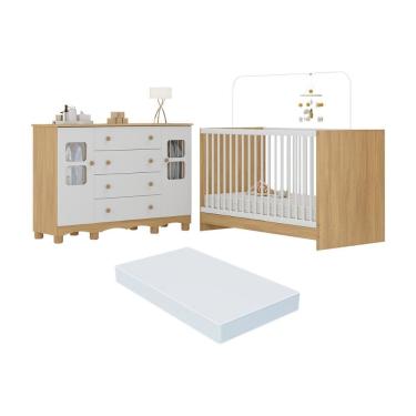 Imagem de Berço 3 Em 1 Com Colchão Incluso E Cômoda 2 Portas 4 Gavetas Luna Multimóveis MP4758 Madeirado-branco