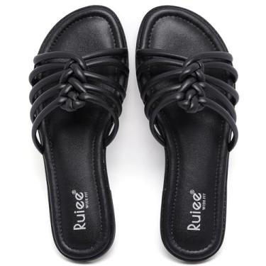 Imagem de Ruiee Sandálias femininas de largura larga, pés largos, sandálias deslizantes casuais de verão, sandálias confortáveis, sem fecho, sapatos de praia para mulheres., Preto PU 8006, 11 X-Wide