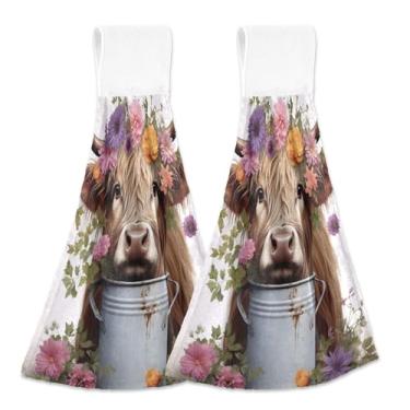 Imagem de Highlands Toalhas de mão personalizadas de vaca e flores para pendurar no outono toalha de banho toalha de cozinha decorativa absorvente conjunto de 2, 45 x 35 centímetros