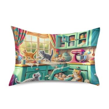 Imagem de Fronhas de cetim estampadas refrescantes personalizadas padrão king queen fronhas presentes decoração de cama tamanho queen 76.2 cm x 50.8 cm engraçado gato cozinha caos