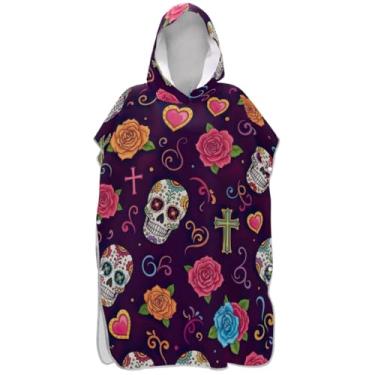 Imagem de Joisal Poncho de surfe plus size para adultos trocador de roupa de praia com capuz toalha de banho retrô crânios de açúcar rosas roxo poncho masculino com capuz