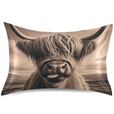 Imagem de Highland Cow Capas de almofada de cetim de gado fofo para resfriamento de cabelo, capas de travesseiro de animal fofo padrão king queen para decoração, tamanho padrão, 66 cm x 50 cm