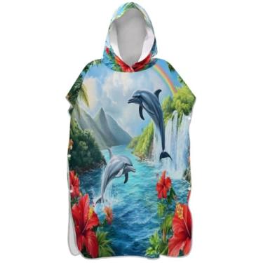 Imagem de Joisal Trocador de roupas para adultos, poncho de surfe, praia, banho com capuz, plus size, masculino, feminino, poncho com capuz, golfinhos, arco-íris, cachoeira