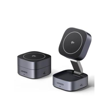 Imagem de UGREEN Qi2 15W Carregador Sem Fio Dobrável Magnético 2 em 1, Suporte de Carregamento Rápido Compatível com Magsafe iPhone 17 Pro Max/Air/16/15/14/13/12, AirPods, Cabo de 1 m