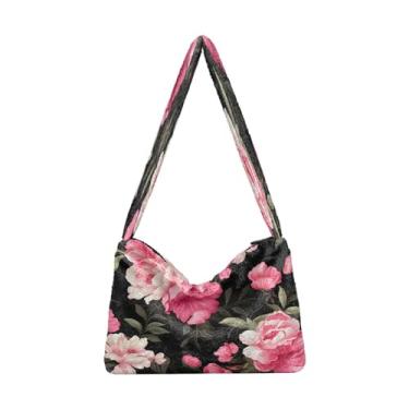 Imagem de Floral com flores rosa em bolsas de ombro pretas, bolsa de ombro feminina, bolsas de outono, Floral com flores rosa em preto-3, One Size