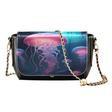 Imagem de Bolsa de ombro feminina de couro PU, bolsa tiracolo feminina de couro, bolsa de couro transversal feminina, Mar subaquático com água-viva brilhante-1, One Size