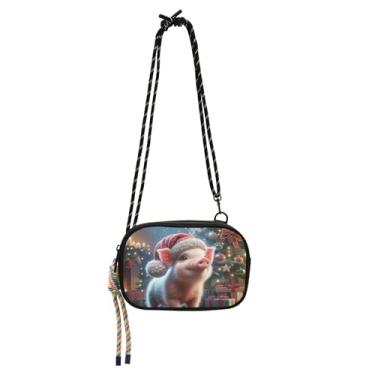Imagem de TSENQUE Bolsa feminina com estampa de porco fofo de Natal, bolsa transversal, bolsa para celular, pochete de viagem sobre o ombro