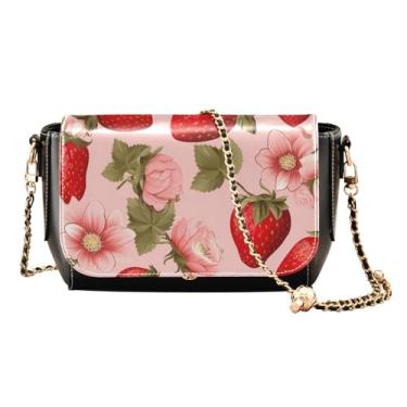 Imagem de Pink Donuts em uma bolsa tiracolo feminina preta com aba, bolsa de ombro de couro transversal, bolsa de couro para mulheres a tiracolo, Morango em rosa - 3, One Size