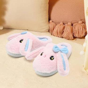 Imagem de Pantufas de coelho de orelhas grandes para meninas e meninos, lindo laço felpudo fofo confortável desenho animado coelho peludo engraçado travesseiro nuvem casa quarto casa chinelo para crianças