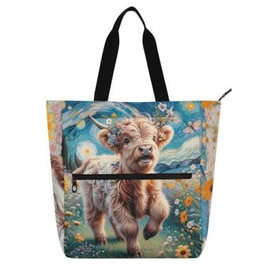 Imagem de GAIGEO Bolsa feminina Starry Night Highland Cow para amantes de livros, escola, trabalho, viagem, bolsa de mão média com zíper