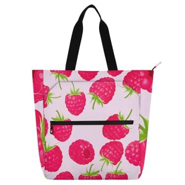 Imagem de GAIGEO Sacola com estampa vibrante de framboesas rosa para crianças, mulheres, reutilizável, trabalho, escola, com zíper, bolsa de ombro média