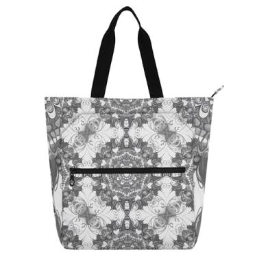 Imagem de GAIGEO Mandala Swirling Flower Bolsa para livros em tons de cinza para mulheres, crianças, escola, trabalho, viagem com compartimento com zíper