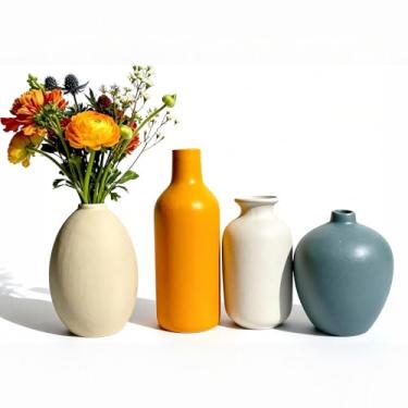 Imagem de NEBRYX Conjunto de 4 vasos de cerâmica – Vaso rústico multicolorido para decoração de casa, vaso boêmio feito à mão para mesa central, cozinha, sala de estar, decoração de escritório