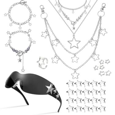 Imagem de JATEBI Conjunto de acessórios Y2K para mulheres, óculos de sol Y2K, colar em camadas, pulseira de corrente, pulseira de estrela, clipe de cabelo e brinco, kit de joias grunge dos anos 90, Medium