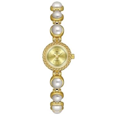 Imagem de MASTOP Relógios femininos elegantes pérola luxo vintage cristal diamante pulseira relógio feminino moda vestido quartzo relógio de pulso aço inoxidável impermeável presente para mulheres, Ouro pérola