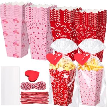 Imagem de Gueevin 144 peças, conjunto de 48 caixas de pipoca de dia dos namorados, lembrancinha de festa dos namorados, caixas de doces de rosa com sacos, fita vermelha e cartão de coração, recipientes para