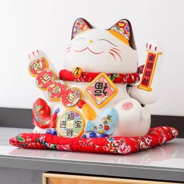 Imagem de FENNYYAR Good Luck Braço ondulado de cerâmica Maneki Neko com caixa de presente e gato branco, 27 cm 10,5 polegadas, decoração de presente de loja de abertura