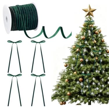 Imagem de HOBBIESAY 1 rolo de laço de árvore de Natal de 60 jardas, fita de veludo verde escuro, fita de veludo de face única, decoração vintage para embrulhar guirlanda de presente, ornamentos de decoração de
