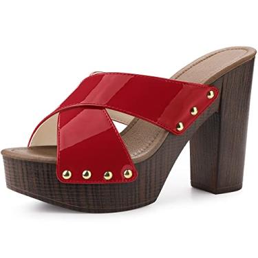 Imagem de Perphy Sandálias femininas de salto grosso com tiras cruzadas, Vermelho, 40