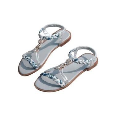 Imagem de GORGLITTER Sandália feminina floral Boho praia trançada com contas abertas no tornozelo tira no tornozelo sandália plana verão férias tendência sapatos, Azul, 37