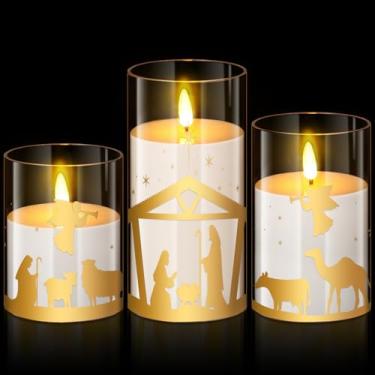 Imagem de Blosssound Pacote com 3 velas de Natal sem chamas operadas por pilhas, presépio de Natal, velas cintilantes sem chama, LED para lareira em casa, decorações de mesa de férias de inverno, presentes de
