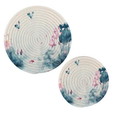Imagem de Wassud Conjunto de tripé de lótus em aquarela para pratos quentes, suportes redondos de algodão, almofadas quentes, porta-copos elegantes, decoração de cozinha e acessórios, 2 peças