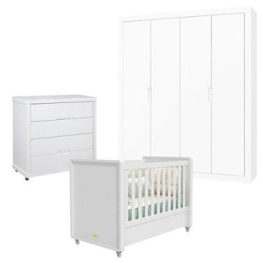 Imagem de Quarto de Bebê 4 Portas Tutto New com Cômoda Gaveteiro Branco Acetinad