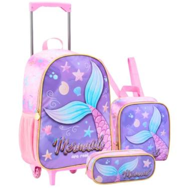 Imagem de Kit Mochila Mochileta Bolsa Escolar Rodinha Feminia Lancheira Térmica Estojo Sereia Menina