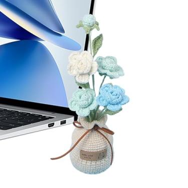 Imagem de Flores de malha, vaso de flores de crochê | Rosas de crochê em malha artesanal com vaso - Pequenos vasos de plantas, flores, mesa de crochê, decorações para aniversários, dia das mães, dia dos namorad