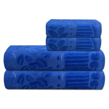 Imagem de Jogo de Toalhas 4 Peças Algodão Macio Absorvente (2 Banho Grandes + 2 Rosto) Conforto Diário para Casa (Azul Escuro | Azul Escuro)