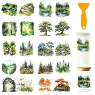 Imagem de GOMAKERER 32 peças Spring Forest UV DTF Cup Wraps para vidro de 473 ml, adesivos de transferência UV DTF de 11 x 23 cm árvore verde UV DTF decalques de transferência à prova d'água para garrafa de