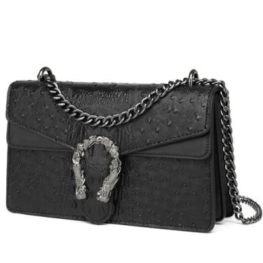 Imagem de MYHOZEE Bolsas transversais para mulheres - Bolsas de mão com estampa de cobra bolsas de ombro com corrente de couro bolsas de ombro para noite, Estampa de avestruz preta, Moderna