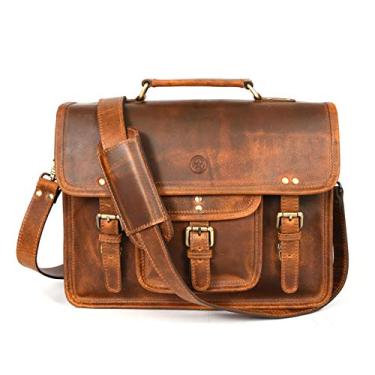 Imagem de Bolsa de couro vintage de 15" | Bolsa de carteiro para laptop com pasta da Aaron Leather (marrom caramelo)