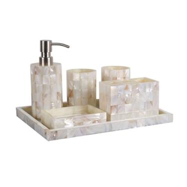 Imagem de KEG801302 Dispensadores de sabonete, concha para banheiro, conjunto de artigos de higiene pessoal, dispensador de loção, garrafa de enxaguante bucal, caneca com bandeja, acessórios de banheiro