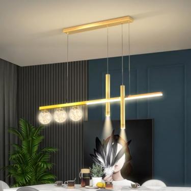 Imagem de Lustre de mesa de jantar moderno com LED, 90 cm de comprimento, dimerizável, com altura ajustável e controle remoto. Ideal para sala de estar e sala de jantar (dourado).