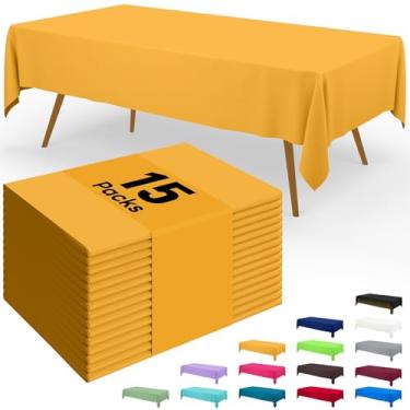 Imagem de Smiry Toalha de mesa descartável – pacote com 15, toalhas de mesa retangulares impermeáveis de 137 x 272 cm para festas, capa de mesa de plástico decorativa, à prova de vazamento e resistente, amarelo