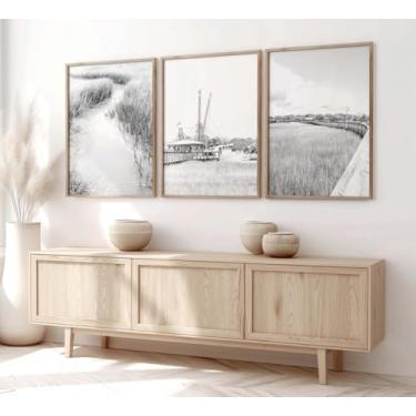 Imagem de Pintura em tela Sh-em Creek 3 peças de pôsteres costeiros pretos e brancos gravuras de barco baixo country imagens de arte de parede para sala de estar, quarto, decoração de casa de fazenda com