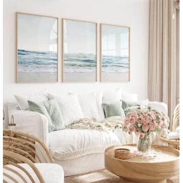 Imagem de Beach Waves Conjunto de 3 Impressões de Arte Emoldurada Oceano Califórnia Waves Pictures Minimalista Onda Azul Tela Pintura de Parede para Casa Quarto Decoração Costeira com Moldura Interna
