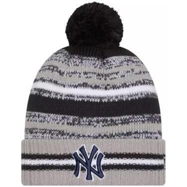 Imagem de Gorro de beisebol New York Yankees Onfield Sport cinza listrado com punho pompom - MLB Cheer Cuff Knit Cap