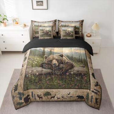 Imagem de Feelyou Jogo de cama de casal ocidental com urso, 7 peças, para crianças, meninos e meninas, natureza, vida selvagem, urso, decoração de quarto, marrom, verde, respirável, microfibra macia